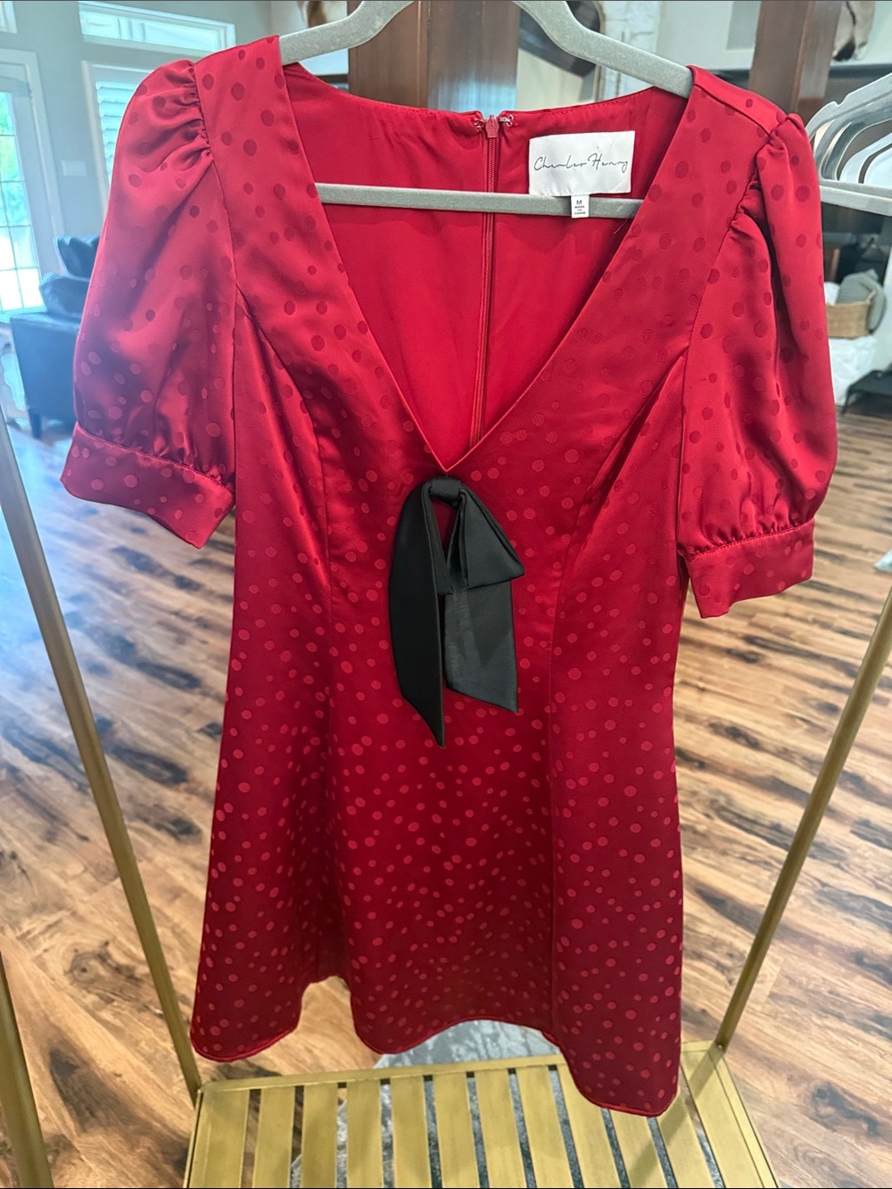 Red Polka Dot Mini Dress with Black Bow